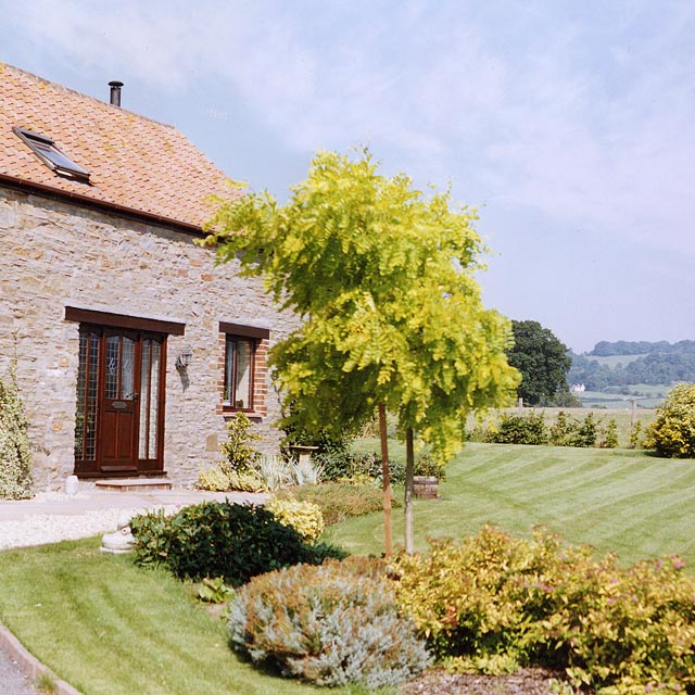 Somerset barn after garden designed and built including borders, trees and native hedge